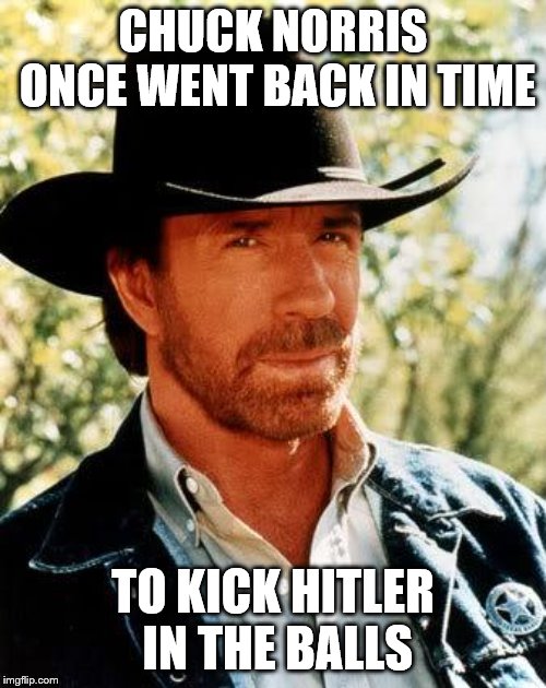 Chuck Norris | CHUCK NORRIS ONCE WENT BACK IN TIME; TO KICK HITLER IN THE BALLS | image tagged in memes,chuck norris | made w/ Imgflip meme maker