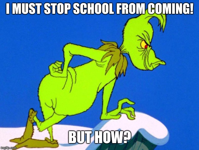 Stop School | I MUST STOP SCHOOL FROM COMING! BUT HOW? | image tagged in the grinch,school | made w/ Imgflip meme maker