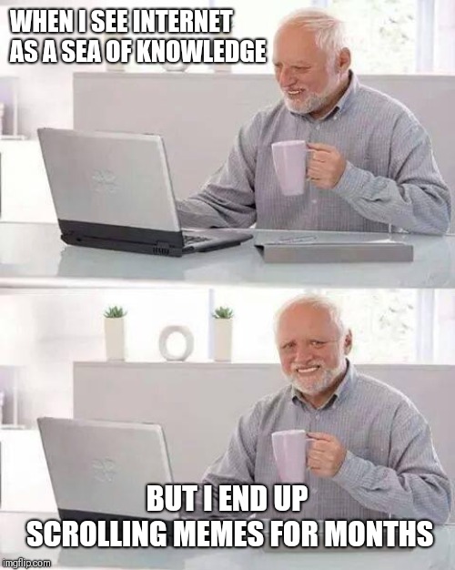 Hide the Pain Harold Meme | WHEN I SEE INTERNET AS A SEA OF KNOWLEDGE; BUT I END UP SCROLLING MEMES FOR MONTHS | image tagged in memes,hide the pain harold | made w/ Imgflip meme maker