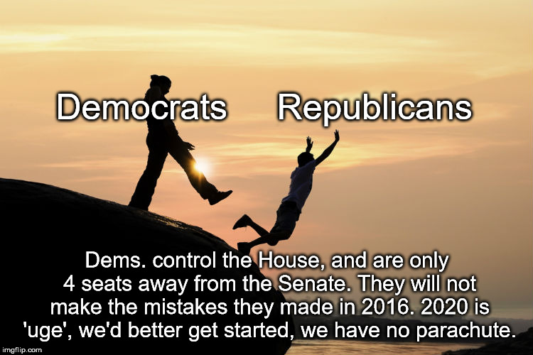 This is the Biggie. | Democrats     Republicans; Dems. control the House, and are only 4 seats away from the Senate. They will not make the mistakes they made in 2016. 2020 is 'uge', we'd better get started, we have no parachute. | image tagged in cliff,election 2020,maga | made w/ Imgflip meme maker