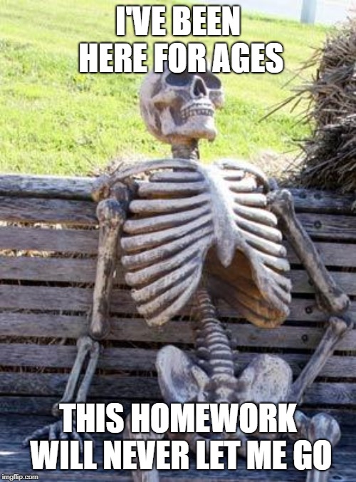 Deadly Homework | I'VE BEEN HERE FOR AGES; THIS HOMEWORK WILL NEVER LET ME GO | image tagged in memes,waiting skeleton | made w/ Imgflip meme maker