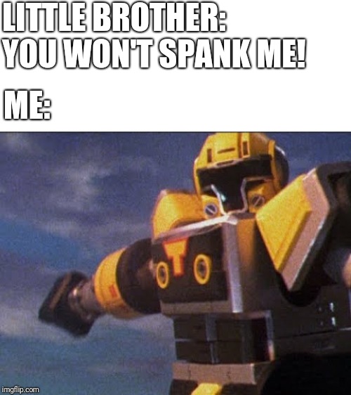 LITTLE BROTHER: YOU WON'T SPANK ME! ME: | image tagged in timewarp megazord,memes | made w/ Imgflip meme maker