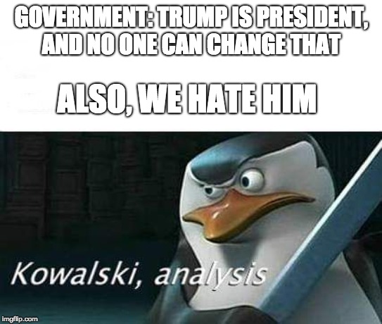 kowalski, analysis | GOVERNMENT: TRUMP IS PRESIDENT, AND NO ONE CAN CHANGE THAT; ALSO, WE HATE HIM | image tagged in kowalski analysis | made w/ Imgflip meme maker