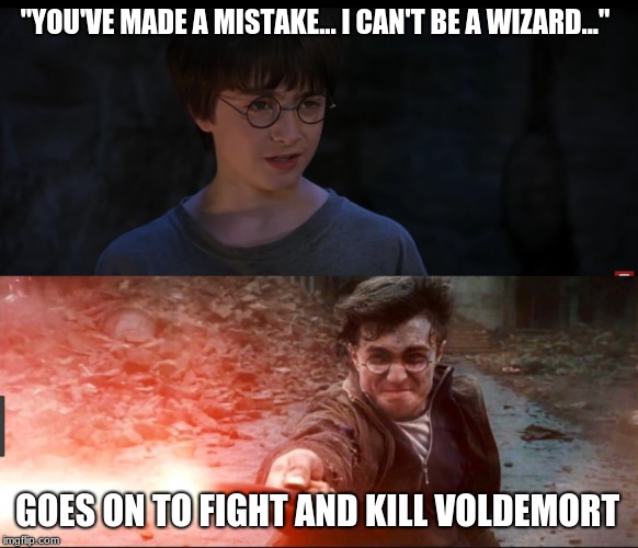 You got doubts? | "YOU'VE MADE A MISTAKE... I CAN'T BE A WIZARD..."; GOES ON TO FIGHT AND KILL VOLDEMORT | image tagged in harry potter meme | made w/ Imgflip meme maker