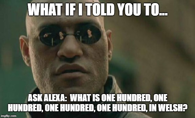 Matrix Morpheus Meme | WHAT IF I TOLD YOU TO... ASK ALEXA: 
WHAT IS ONE HUNDRED, ONE HUNDRED, ONE HUNDRED, ONE HUNDRED, IN WELSH? | image tagged in memes,matrix morpheus | made w/ Imgflip meme maker