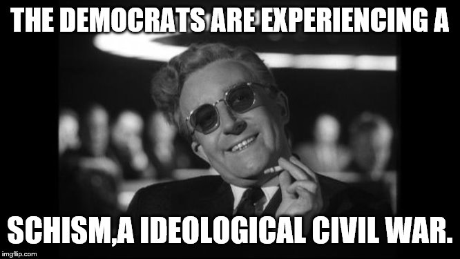 dr strangelove | THE DEMOCRATS ARE EXPERIENCING A SCHISM,A IDEOLOGICAL CIVIL WAR. | image tagged in dr strangelove | made w/ Imgflip meme maker