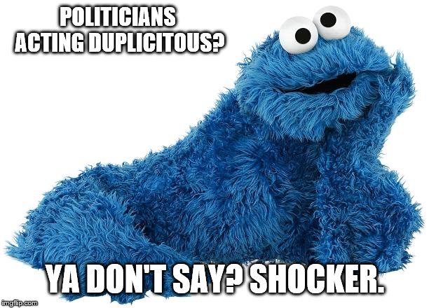 Cookie Monster | POLITICIANS ACTING DUPLICITOUS? YA DON'T SAY? SHOCKER. | image tagged in cookie monster | made w/ Imgflip meme maker
