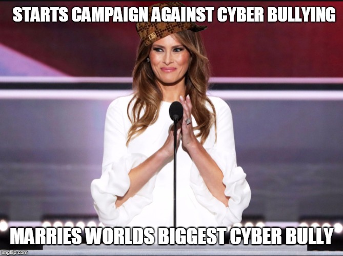 Melania trump meme | STARTS CAMPAIGN AGAINST CYBER BULLYING MARRIES WORLDS BIGGEST CYBER BULLY | image tagged in melania trump meme | made w/ Imgflip meme maker