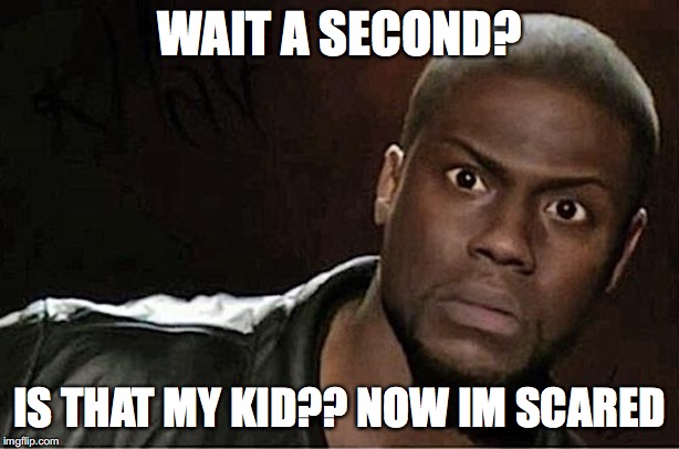 Kevin Hart | WAIT A SECOND? IS THAT MY KID?? NOW IM SCARED | image tagged in memes,kevin hart | made w/ Imgflip meme maker