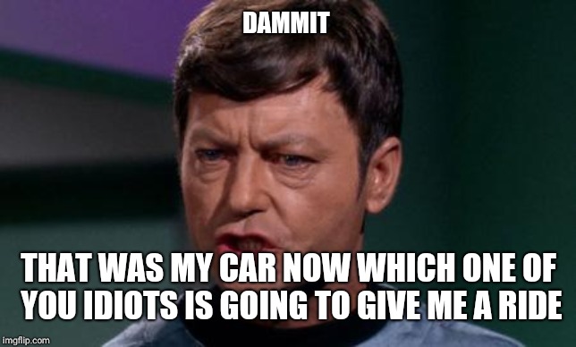 Dammit Jim | DAMMIT THAT WAS MY CAR NOW WHICH ONE OF YOU IDIOTS IS GOING TO GIVE ME A RIDE | image tagged in dammit jim | made w/ Imgflip meme maker