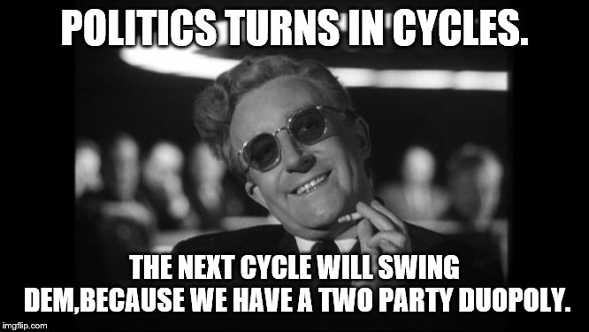 dr strangelove | POLITICS TURNS IN CYCLES. THE NEXT CYCLE WILL SWING DEM,BECAUSE WE HAVE A TWO PARTY DUOPOLY. | image tagged in dr strangelove | made w/ Imgflip meme maker