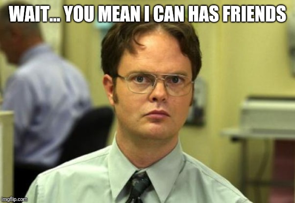 Dwight Schrute Meme | WAIT... YOU MEAN I CAN HAS FRIENDS | image tagged in memes,dwight schrute | made w/ Imgflip meme maker