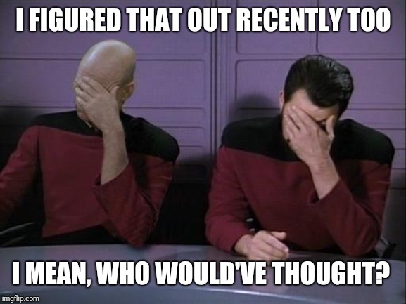 Double Facepalm | I FIGURED THAT OUT RECENTLY TOO I MEAN, WHO WOULD'VE THOUGHT? | image tagged in double facepalm | made w/ Imgflip meme maker