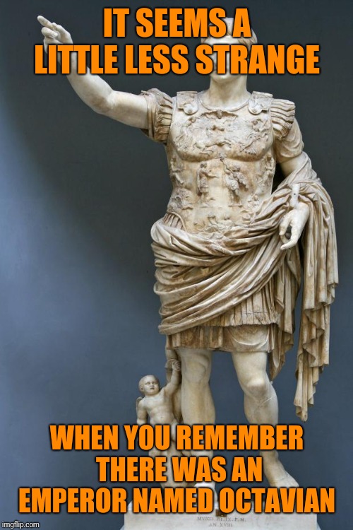 Emperor Augustus | IT SEEMS A LITTLE LESS STRANGE WHEN YOU REMEMBER THERE WAS AN EMPEROR NAMED OCTAVIAN | image tagged in emperor augustus | made w/ Imgflip meme maker