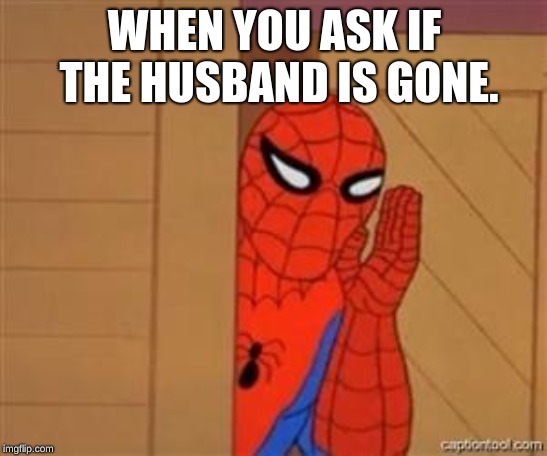 psst spiderman | WHEN YOU ASK IF THE HUSBAND IS GONE. | image tagged in psst spiderman | made w/ Imgflip meme maker
