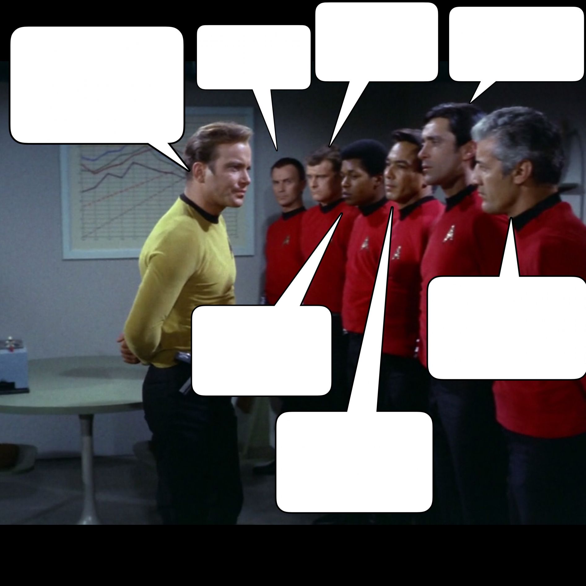 Kirk Conversation with Red Shirts Blank Meme Template