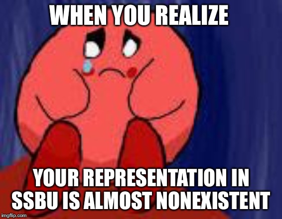 sad kirby | WHEN YOU REALIZE; YOUR REPRESENTATION IN SSBU IS ALMOST NONEXISTENT | image tagged in sad kirby | made w/ Imgflip meme maker