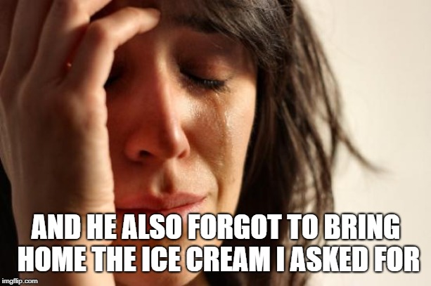 First World Problems Meme | AND HE ALSO FORGOT TO BRING HOME THE ICE CREAM I ASKED FOR | image tagged in memes,first world problems | made w/ Imgflip meme maker