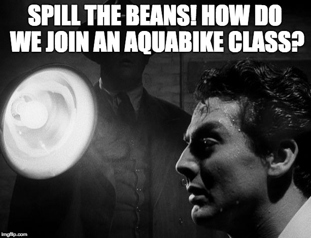  SPILL THE BEANS!
HOW DO WE JOIN AN AQUABIKE CLASS? | image tagged in interrogation | made w/ Imgflip meme maker