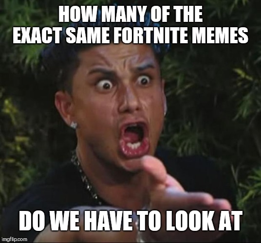 DJ Pauly D Meme | HOW MANY OF THE EXACT SAME FORTNITE MEMES DO WE HAVE TO LOOK AT | image tagged in memes,dj pauly d | made w/ Imgflip meme maker