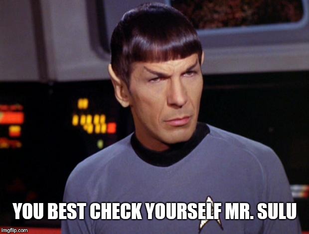 mr spock | YOU BEST CHECK YO'SELF MISTER SULU | image tagged in mr spock | made w/ Imgflip meme maker