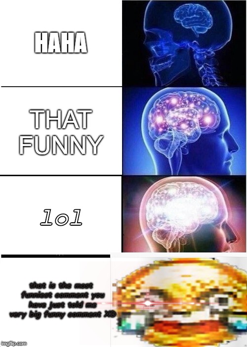 Expanding Brain Meme | HAHA; THAT FUNNY; lol; that is the most funniest comment you have just told me very big funny comment XD | image tagged in memes,expanding brain | made w/ Imgflip meme maker