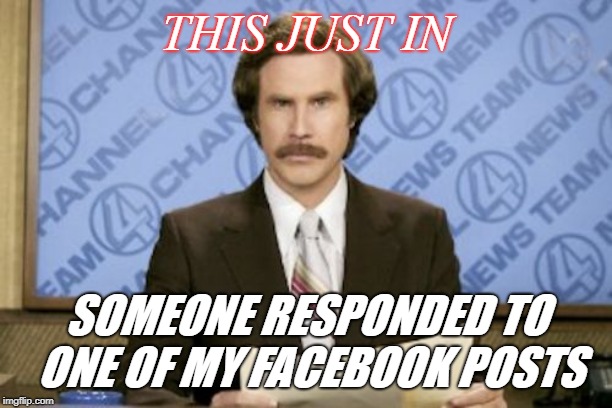 Ron Burgundy | THIS JUST IN; SOMEONE RESPONDED TO ONE OF MY FACEBOOK POSTS | image tagged in memes,ron burgundy | made w/ Imgflip meme maker