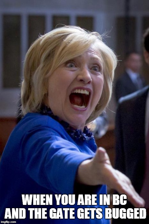 WTF Hillary | WHEN YOU ARE IN BC AND THE GATE GETS BUGGED | image tagged in wtf hillary | made w/ Imgflip meme maker