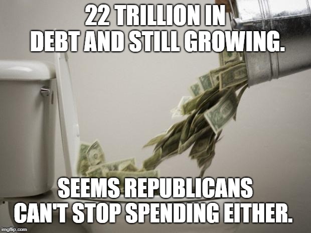money down toilet | 22 TRILLION IN DEBT AND STILL GROWING. SEEMS REPUBLICANS CAN'T STOP SPENDING EITHER. | image tagged in money down toilet | made w/ Imgflip meme maker