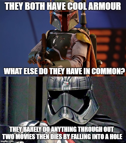 THEY BOTH HAVE COOL ARMOUR WHAT ELSE DO THEY HAVE IN COMMON? THEY BARELY DO ANYTHING THROUGH OUT TWO MOVIES THEN DIES BY FALLING INTO A HOLE | made w/ Imgflip meme maker