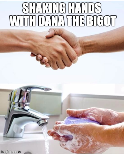Shake and wash hands | SHAKING HANDS WITH DANA THE BIGOT | image tagged in shake and wash hands | made w/ Imgflip meme maker