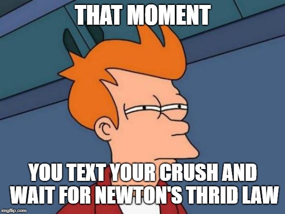 Futurama Fry | THAT MOMENT; YOU TEXT YOUR CRUSH AND WAIT FOR NEWTON'S THRID LAW | image tagged in memes,futurama fry | made w/ Imgflip meme maker