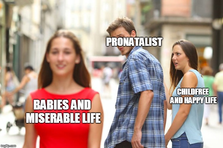 Distracted Boyfriend Meme | PRONATALIST; CHILDFREE AND HAPPY LIFE; BABIES AND MISERABLE LIFE | image tagged in memes,distracted boyfriend | made w/ Imgflip meme maker