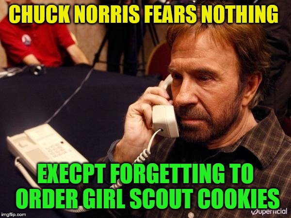 Chuck Norris Phone Meme | CHUCK NORRIS FEARS NOTHING; EXECPT FORGETTING TO ORDER GIRL SCOUT COOKIES | image tagged in memes,chuck norris phone,chuck norris | made w/ Imgflip meme maker