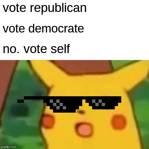 Surprised Pikachu | vote republican; vote democrate; no. vote self | image tagged in memes,surprised pikachu | made w/ Imgflip meme maker