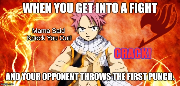 Haters Beware! | WHEN YOU GET INTO A FIGHT; Mama Said Knock You Out! CRACK! AND YOUR OPPONENT THROWS THE FIRST PUNCH. | image tagged in natsu fairy tail,anime,memes,fight,mama said knock you out,first punch rule | made w/ Imgflip meme maker