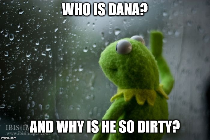 kermit window | WHO IS DANA? AND WHY IS HE SO DIRTY? | image tagged in kermit window | made w/ Imgflip meme maker