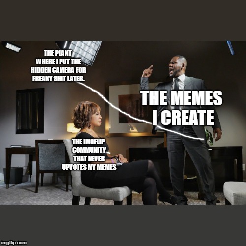 THE PLANT WHERE I PUT THE HIDDEN CAMERA FOR FREAKY SHIT LATER. THE MEMES I CREATE; THE IMGFLIP COMMUNITY THAT NEVER UPVOTES MY MEMES | image tagged in r kelly | made w/ Imgflip meme maker