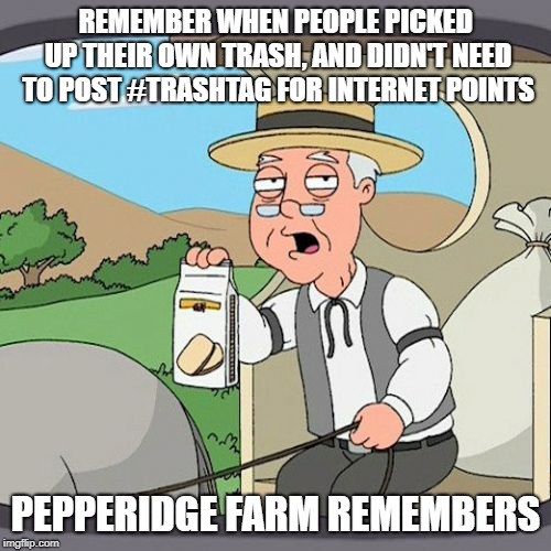 Pepperidge Farm Remembers | REMEMBER WHEN PEOPLE PICKED UP THEIR OWN TRASH, AND DIDN'T NEED TO POST #TRASHTAG FOR INTERNET POINTS; PEPPERIDGE FARM REMEMBERS | image tagged in memes,pepperidge farm remembers | made w/ Imgflip meme maker