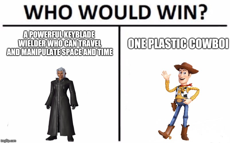 Who Would Win? | ONE PLASTIC COWBOI; A POWERFUL KEYBLADE WIELDER WHO CAN TRAVEL AND MANIPULATE SPACE AND TIME | image tagged in memes,who would win,kingdom hearts | made w/ Imgflip meme maker