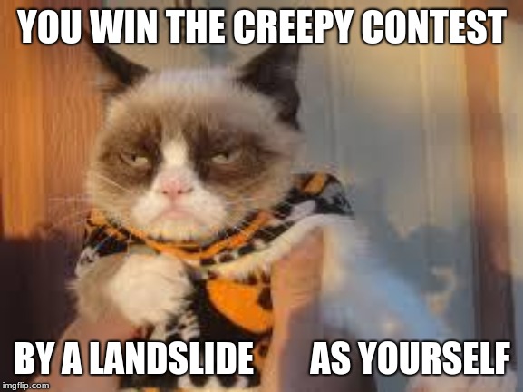 you win the creepy contest! | YOU WIN THE CREEPY CONTEST; BY A LANDSLIDE        AS YOURSELF | image tagged in memes,grumpy cat halloween,grumpy cat | made w/ Imgflip meme maker