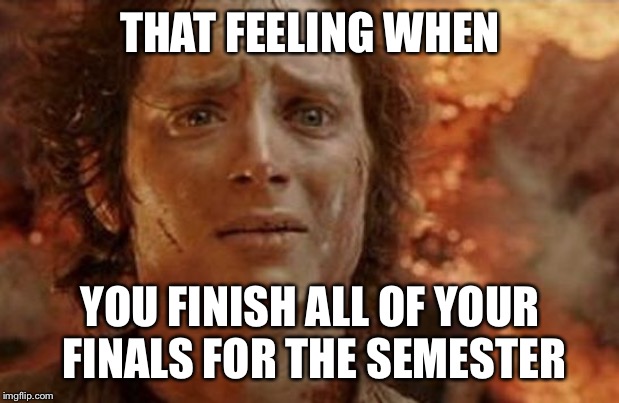Frodo in Mt Doom | THAT FEELING WHEN; YOU FINISH ALL OF YOUR FINALS FOR THE SEMESTER | image tagged in frodo in mt doom | made w/ Imgflip meme maker