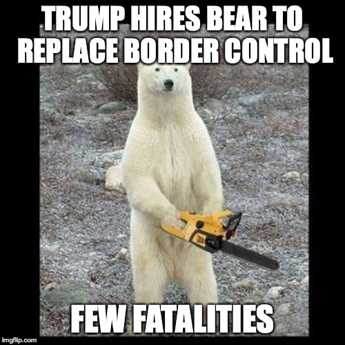 Chainsaw Bear | TRUMP HIRES BEAR TO REPLACE BORDER CONTROL; FEW FATALITIES | image tagged in memes,chainsaw bear | made w/ Imgflip meme maker