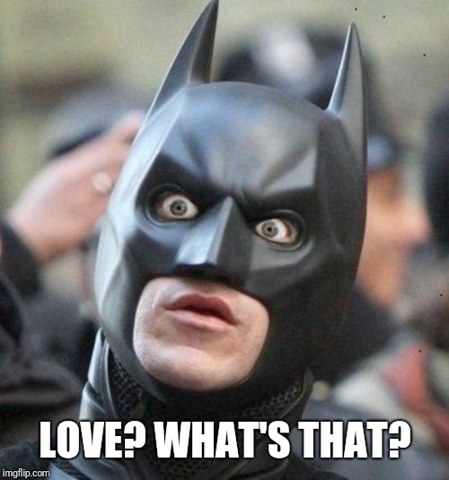 Shocked Batman | LOVE? WHAT'S THAT? | image tagged in shocked batman | made w/ Imgflip meme maker