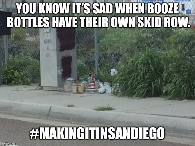 Homeless Alcoholism is #MakingItInSanDiego | YOU KNOW IT’S SAD WHEN BOOZE BOTTLES HAVE THEIR OWN SKID ROW. #MAKINGITINSANDIEGO | image tagged in alcohol bottles,memes,homeless,san diego,making,city | made w/ Imgflip meme maker