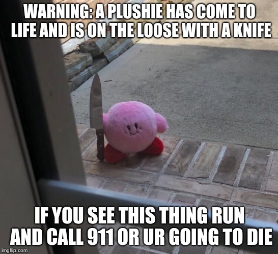 Kirby With A Knife | WARNING: A PLUSHIE HAS COME TO LIFE AND IS ON THE LOOSE WITH A KNIFE; IF YOU SEE THIS THING RUN AND CALL 911 OR UR GOING TO DIE | image tagged in kirby with a knife | made w/ Imgflip meme maker