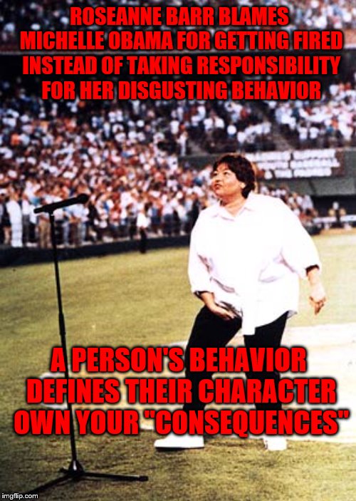 Roseanne Barr | ROSEANNE BARR BLAMES MICHELLE OBAMA FOR GETTING FIRED INSTEAD OF TAKING RESPONSIBILITY FOR HER DISGUSTING BEHAVIOR; A PERSON'S BEHAVIOR DEFINES THEIR CHARACTER OWN YOUR "CONSEQUENCES" | image tagged in roseanne barr | made w/ Imgflip meme maker