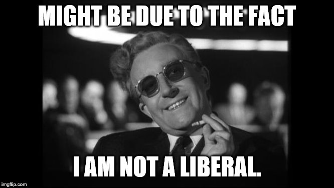 dr strangelove | MIGHT BE DUE TO THE FACT I AM NOT A LIBERAL. | image tagged in dr strangelove | made w/ Imgflip meme maker