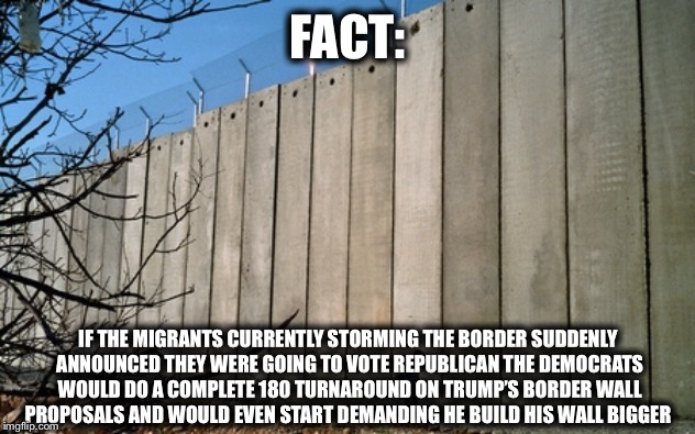 FACT:; IF THE MIGRANTS CURRENTLY STORMING THE BORDER SUDDENLY ANNOUNCED THEY WERE GOING TO VOTE REPUBLICAN THE DEMOCRATS WOULD DO A COMPLETE 180 TURNAROUND ON TRUMP’S BORDER WALL PROPOSALS AND WOULD EVEN START DEMANDING HE BUILD HIS WALL BIGGER | image tagged in border wall,donald trump,democrats,nancy pelosi,chuck schumer,democratic party | made w/ Imgflip meme maker
