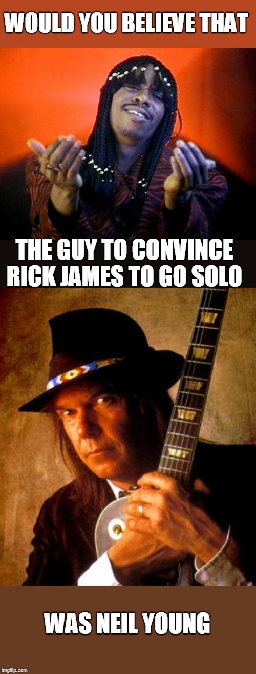 WOULD YOU BELIEVE THAT; THE GUY TO CONVINCE RICK JAMES TO GO SOLO; WAS NEIL YOUNG | image tagged in rick james,neil young,awesome music | made w/ Imgflip meme maker